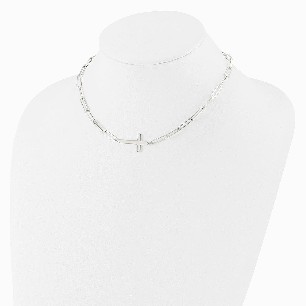 Sterling Silver E-Coated Cross Paperclip Link with 2 in ext Necklace - Product Photo