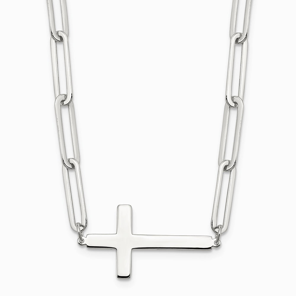 Sterling Silver E-Coated Cross Paperclip Link with 2 in ext Necklace - Product Photo