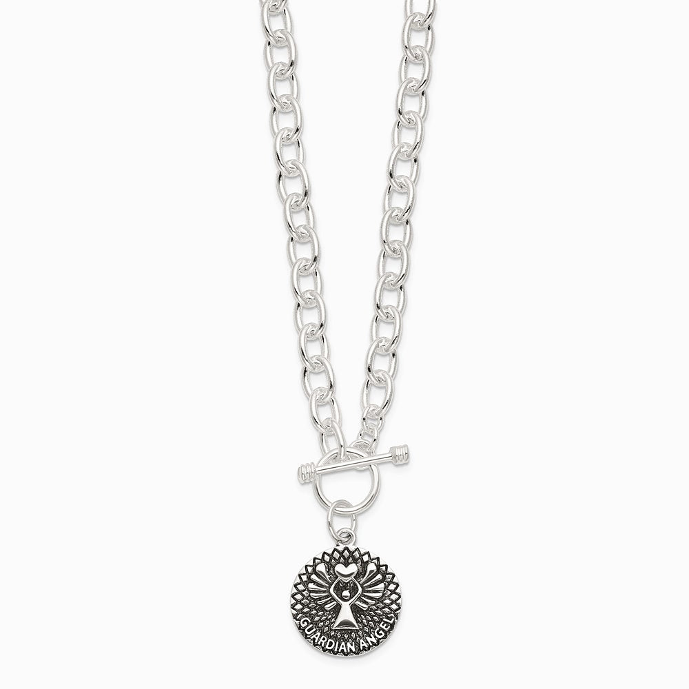 Sterling Silver Oxidized Dangle GUARDIAN ANGEL Toggle Clasp Necklace - Product Photo