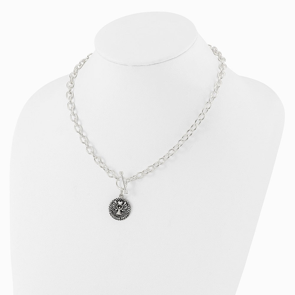 Sterling Silver Oxidized Dangle GUARDIAN ANGEL Toggle Clasp Necklace - Product Photo