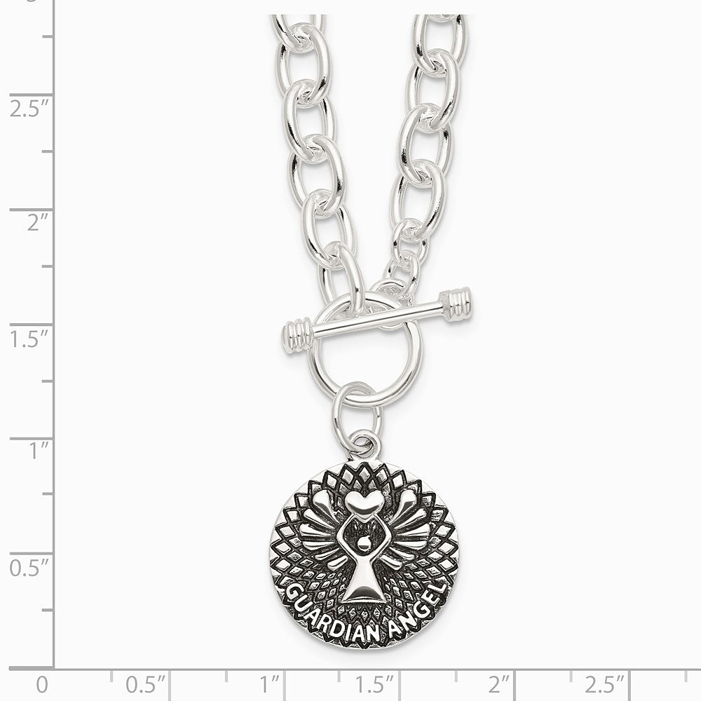 Sterling Silver Oxidized Dangle GUARDIAN ANGEL Toggle Clasp Necklace - Product Photo