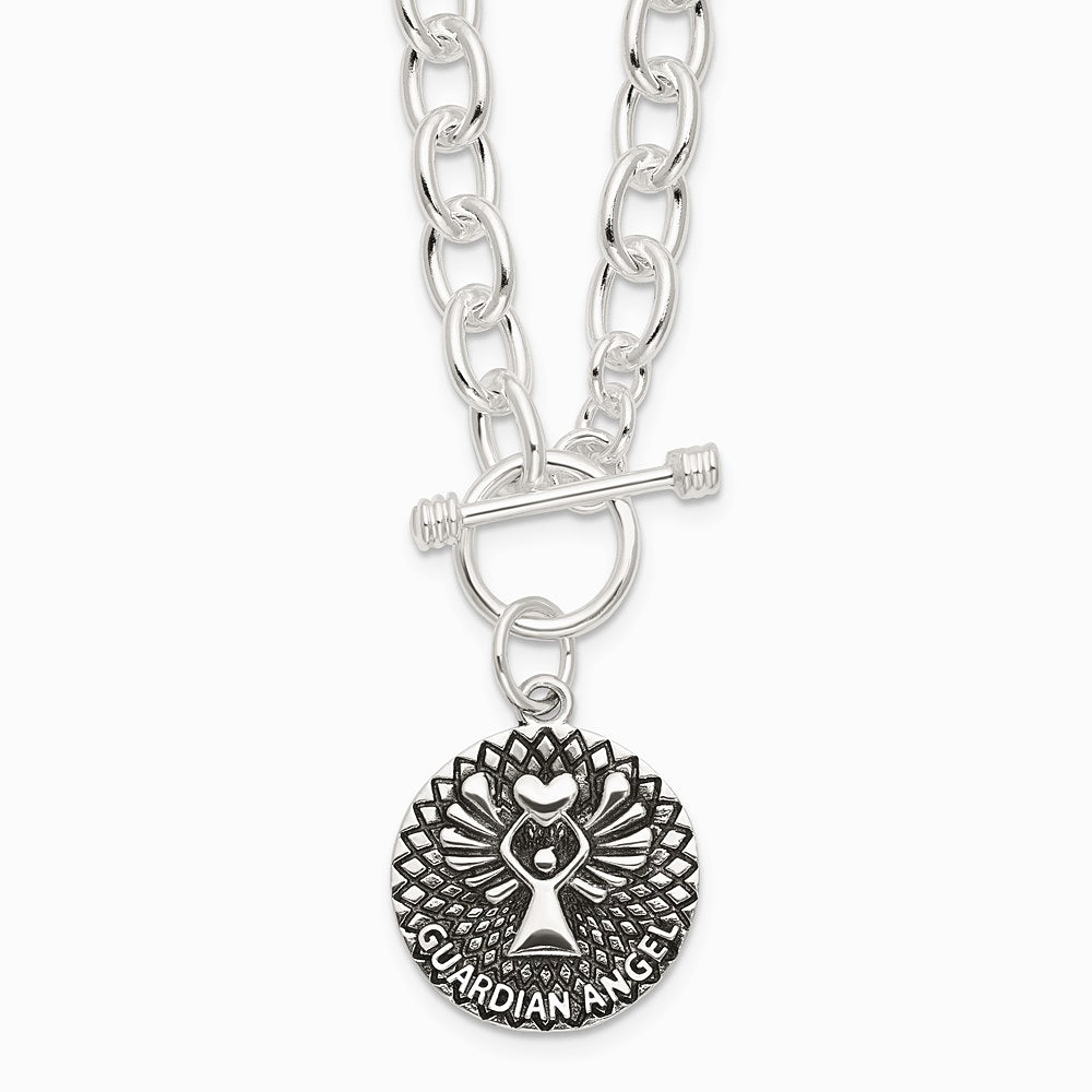 Sterling Silver Oxidized Dangle GUARDIAN ANGEL Toggle Clasp Necklace - Product Photo