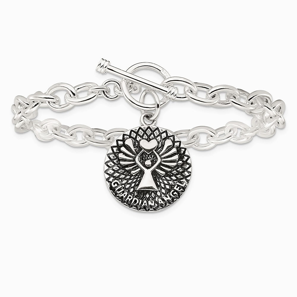 Sterling Silver Oxidized Dangle GUARDIAN ANGEL Toggle Clasp Bracelet - Product Photo
