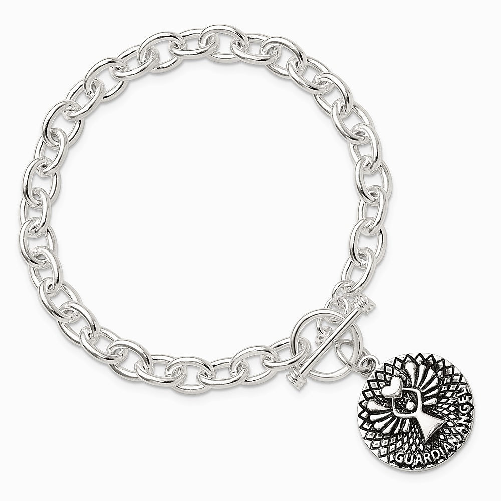 Sterling Silver Oxidized Dangle GUARDIAN ANGEL Toggle Clasp Bracelet - Product Photo