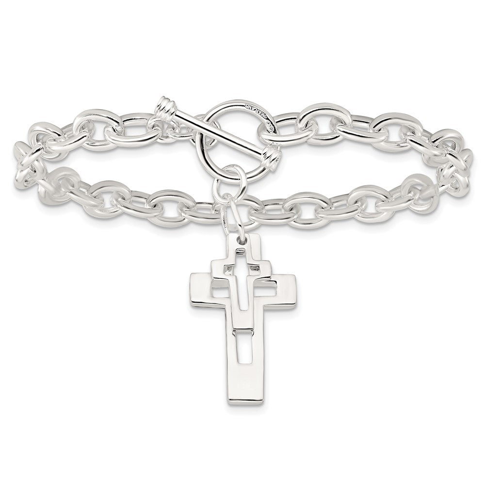 Sterling Silver E-Coated Double Open Cross Toggle Bracelet - Product Photo