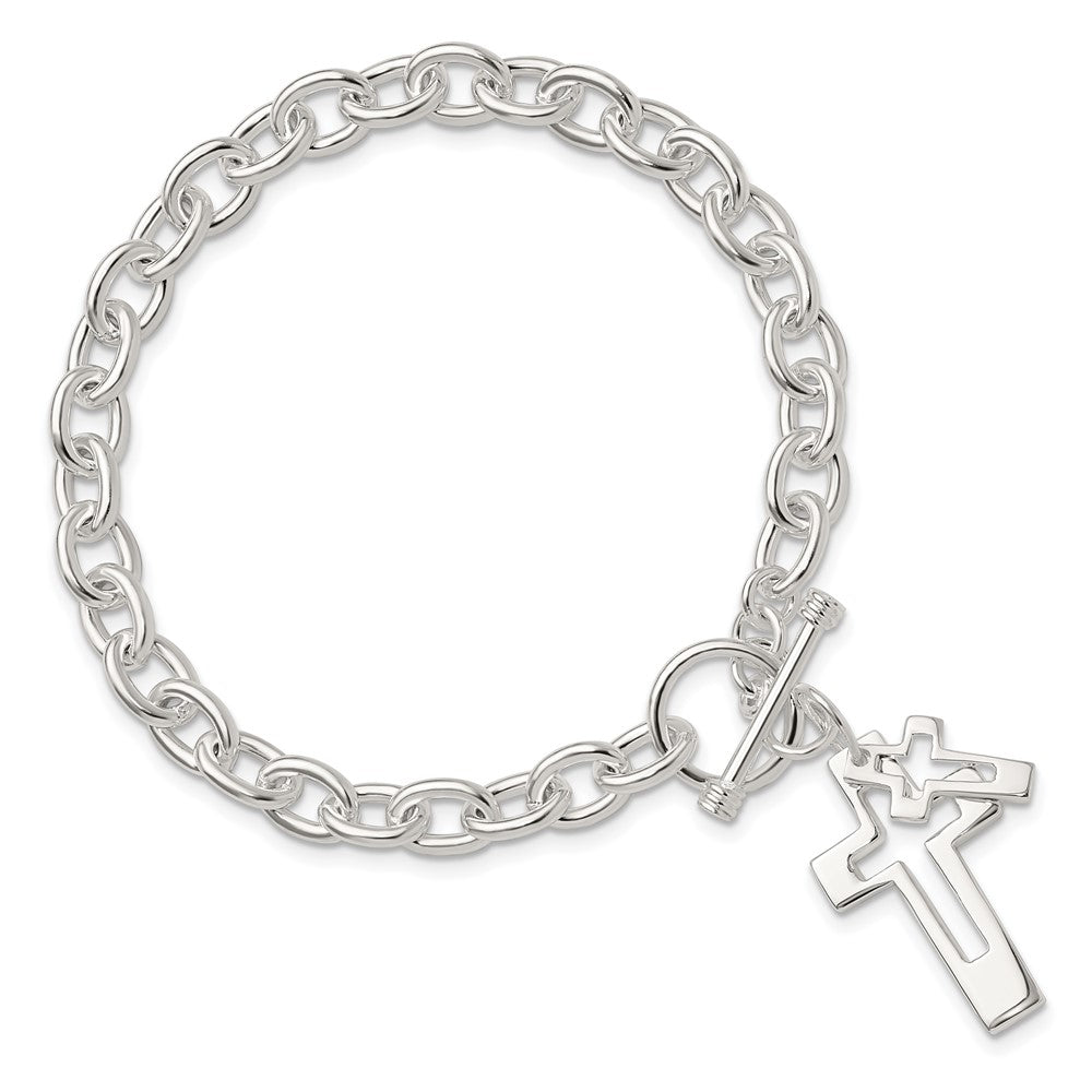 Sterling Silver E-Coated Double Open Cross Toggle Bracelet - Product Photo