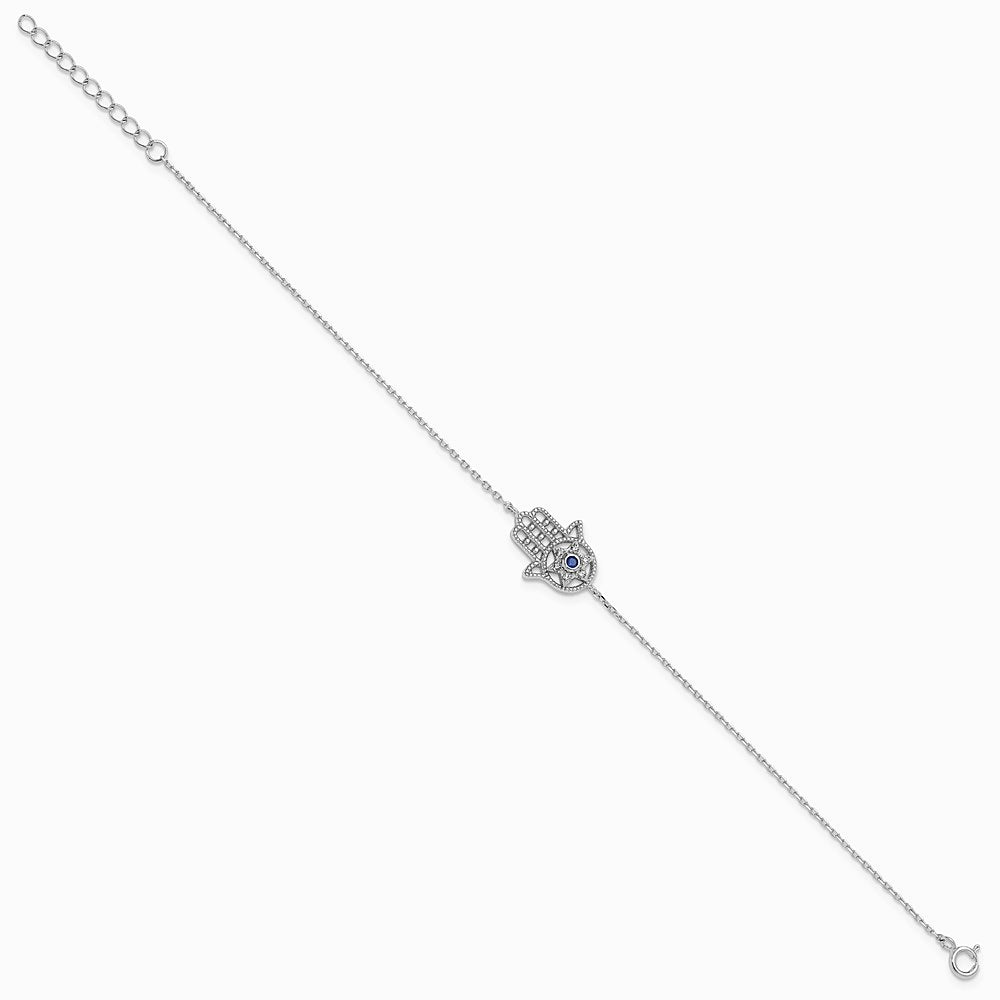 Sterling Silver RH-plate CreatedBlue Spinel and CZ Hamsa Bracelet/Necklace Set - Product Photo