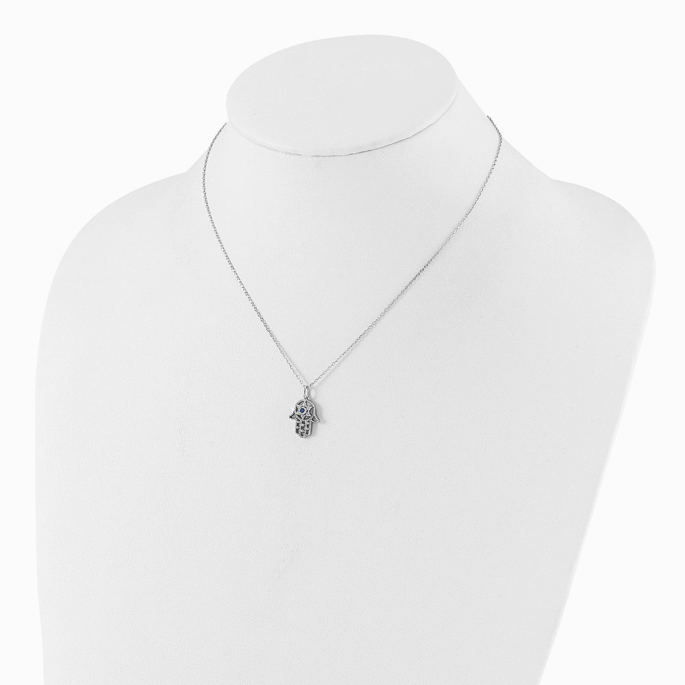 Sterling Silver RH-plate CreatedBlue Spinel and CZ Hamsa Bracelet/Necklace Set - Product Photo