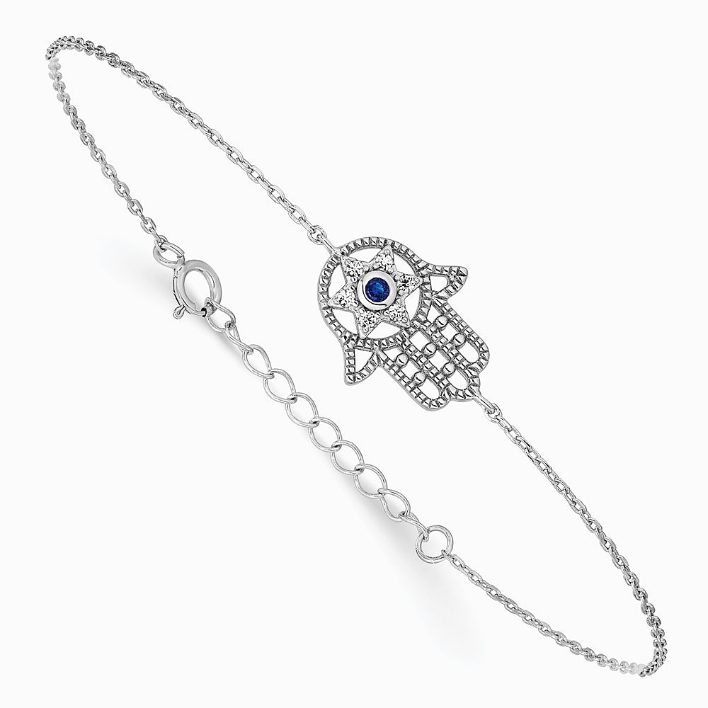 Sterling Silver RH-plate CreatedBlue Spinel and CZ Hamsa Bracelet/Necklace Set - Product Photo