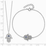 Sterling Silver RH-plate CreatedBlue Spinel and CZ Hamsa Bracelet/Necklace Set - Product Photo