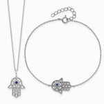 Sterling Silver RH-plate CreatedBlue Spinel and CZ Hamsa Bracelet/Necklace Set - Product Photo