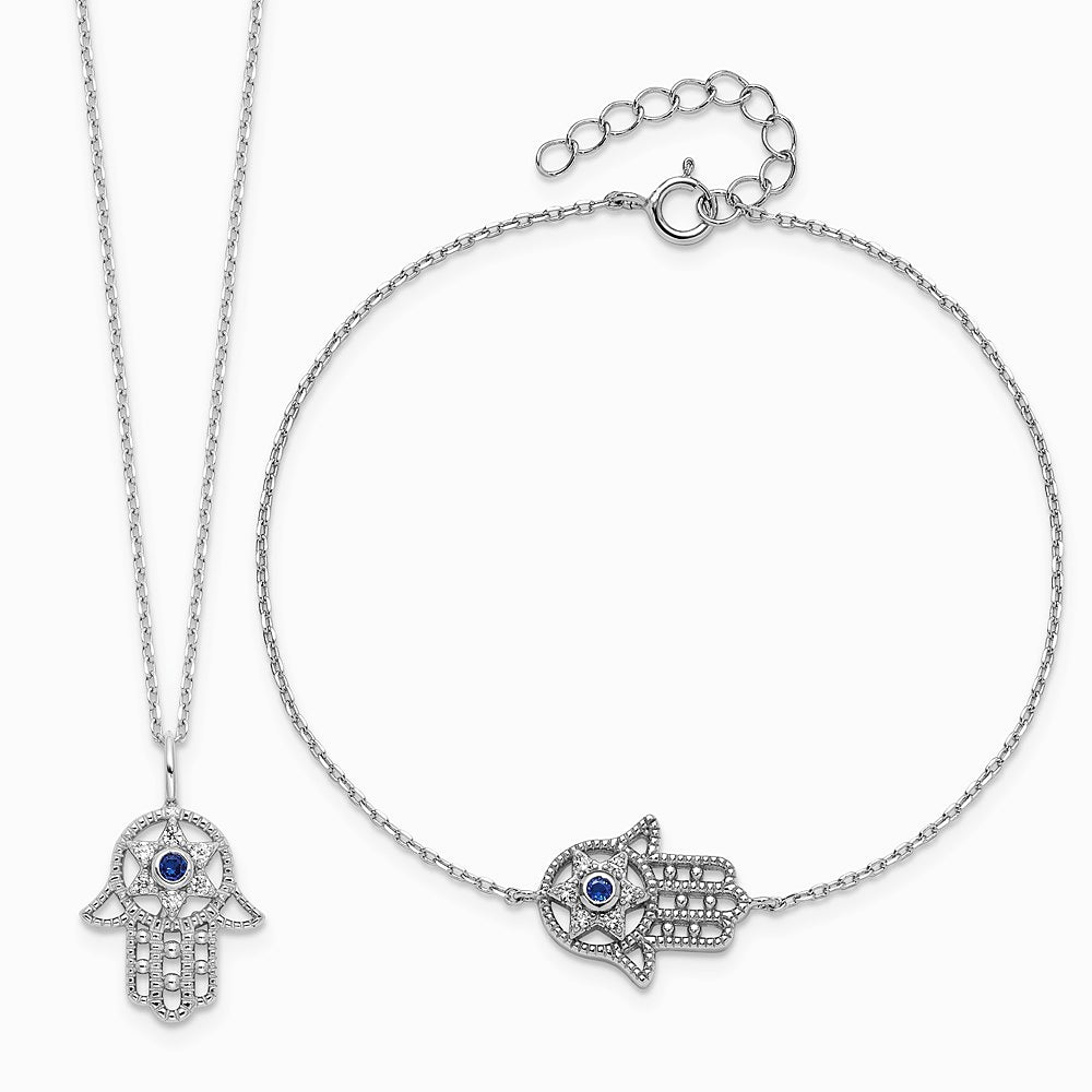Sterling Silver RH-plate CreatedBlue Spinel and CZ Hamsa Bracelet/Necklace Set - Product Photo