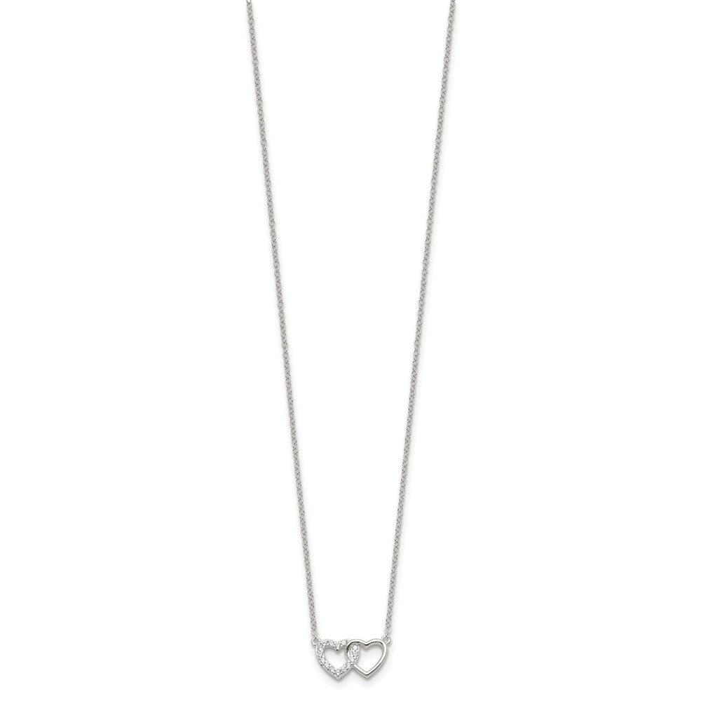 Sterling Silver E-Coating CZ Double Heart 16in w/2in ext Necklace - Product Photo