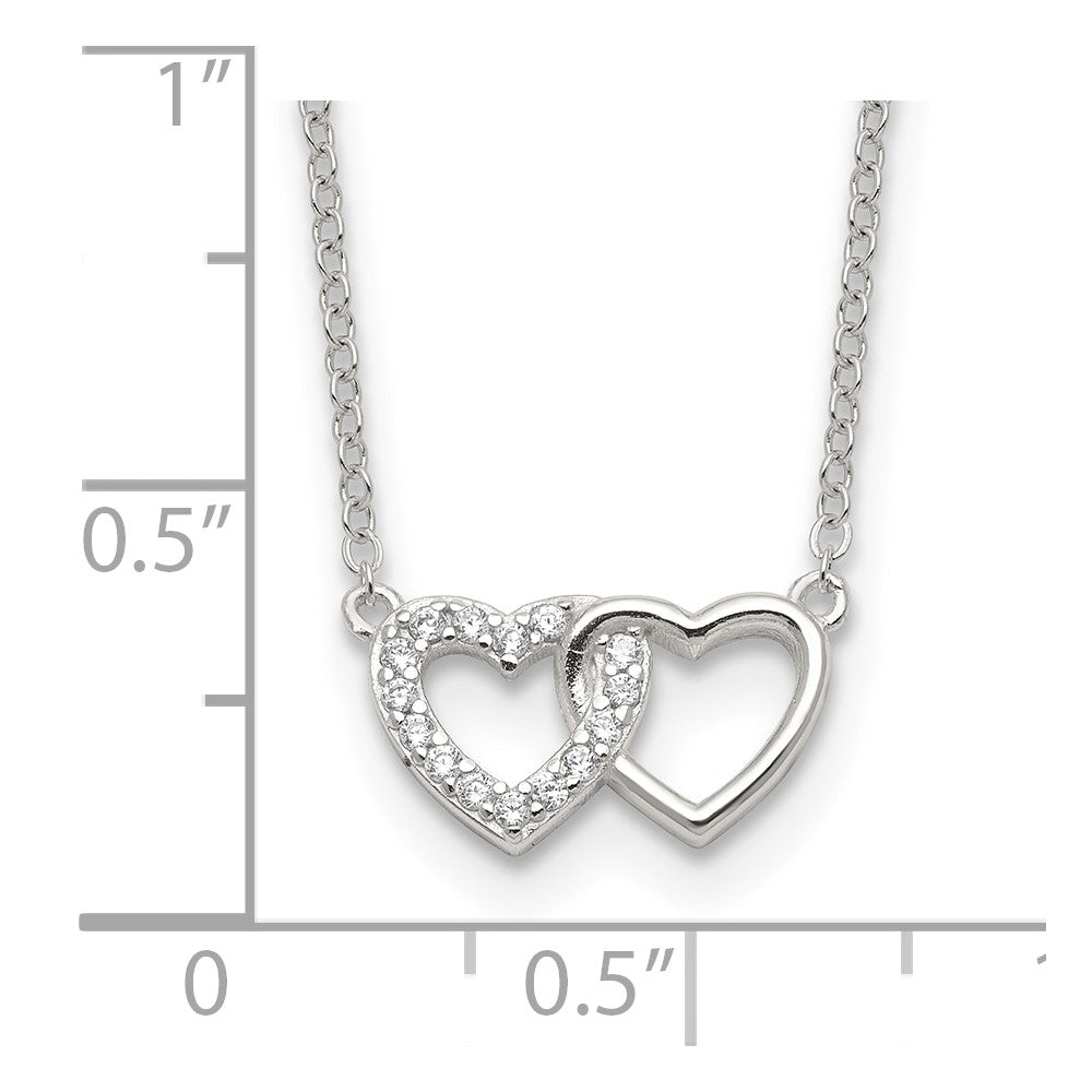 Sterling Silver E-Coating CZ Double Heart 16in w/2in ext Necklace - Product Photo