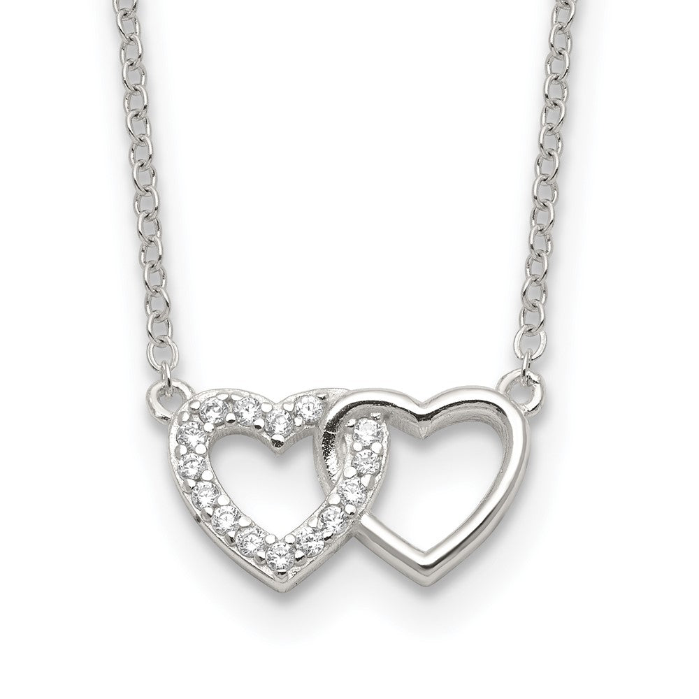 Sterling Silver E-Coating CZ Double Heart 16in with 2in ext Necklace