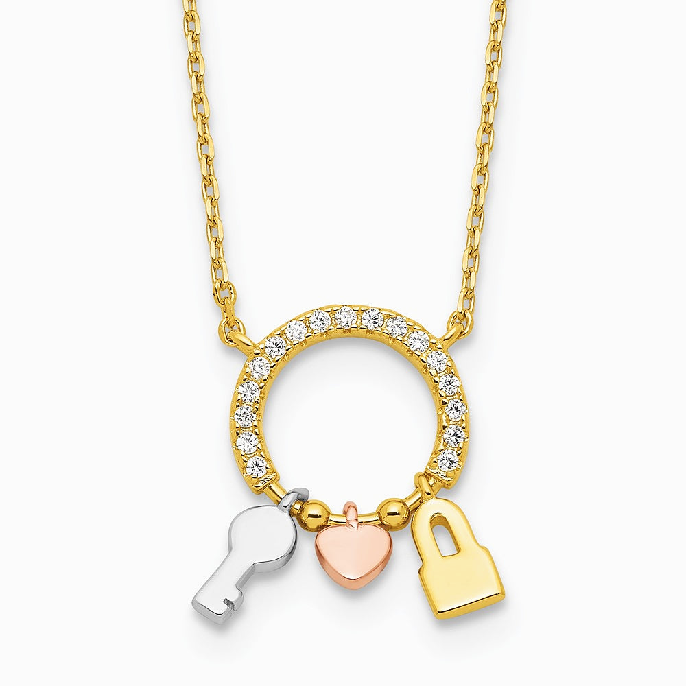 Sterling Silver RH-pltd Gold/Rose-tone CZ Key/Lock/Heart with 2In Ext Necklace