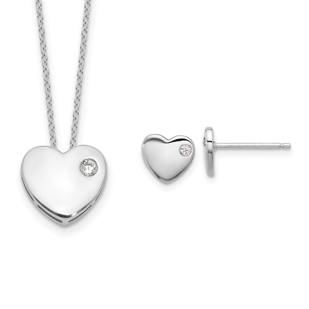 Sterling Silver RH-plated CZ Heart 18in Necklace and Post Earring Set - Product Photo
