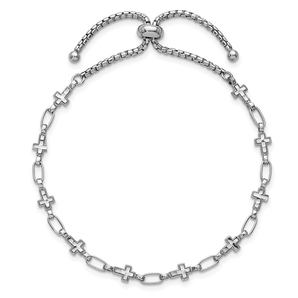 Sterling Silver Rhodium-plated Polished Cross Bolo Bracelet - Product Photo
