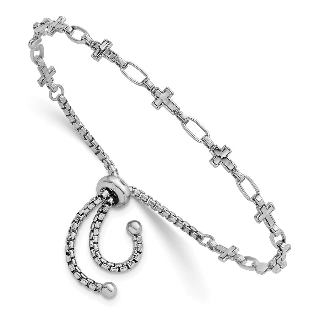 Sterling Silver Rhodium-plated Polished Cross Bolo Bracelet - Product Photo