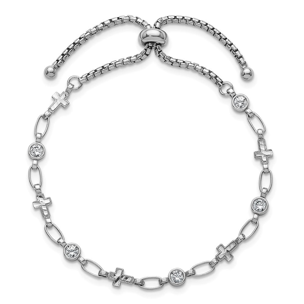 Sterling Silver Rhodium-plated Polished CZ and Cross Bolo Bracelet - Product Photo