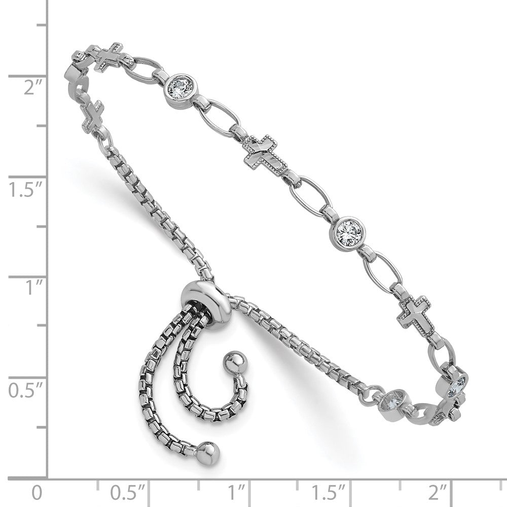 Sterling Silver Rhodium-plated Polished CZ and Cross Bolo Bracelet - Product Photo