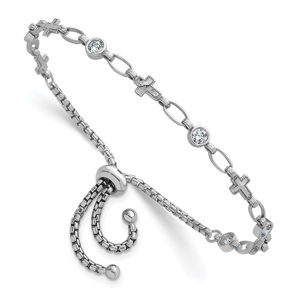 Sterling Silver Rhodium-plated Polished CZ and Cross Bolo Bracelet - Product Photo
