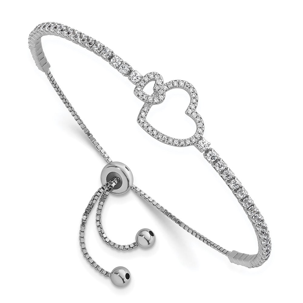Sterling Silver Rhodium-plated CZ Heart Adjustable Bolo Bracelet - Product Photo
