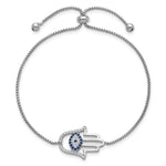 SS RH-pltd Polished CZ and Cr. Blue Spinel Evil Eye Hamsa Adj Bolo Bracelet - Product Photo