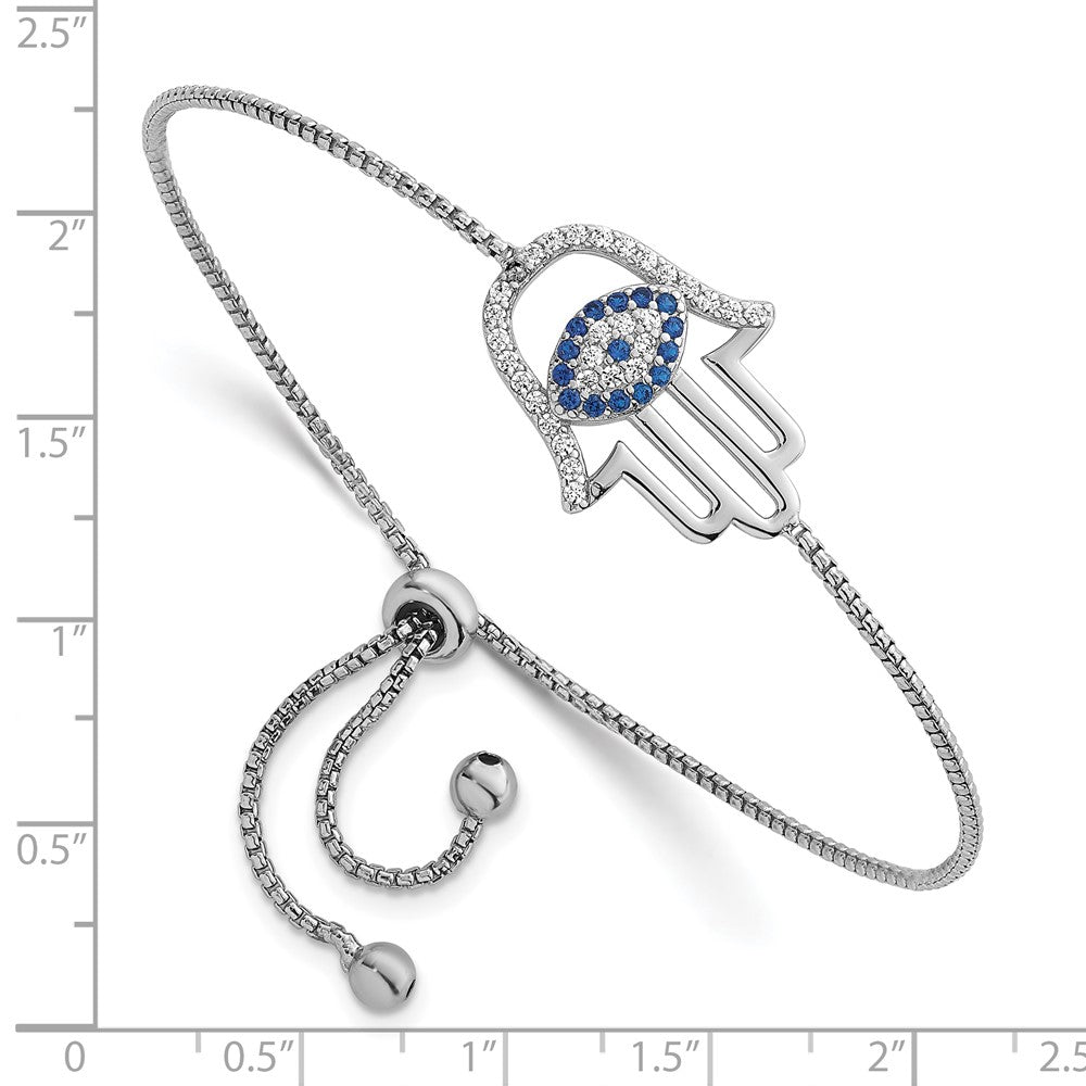 SS RH-pltd Polished CZ and Cr. Blue Spinel Evil Eye Hamsa Adj Bolo Bracelet - Product Photo