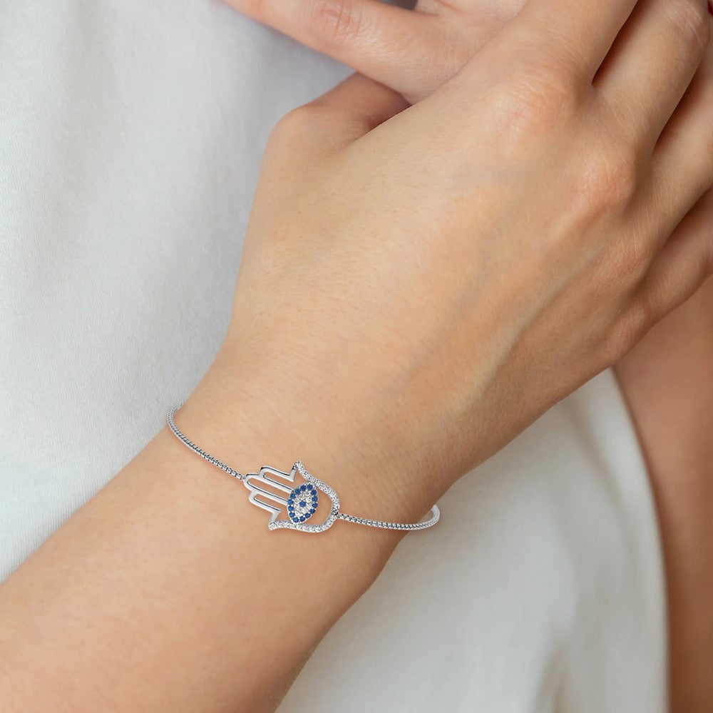 SS RH-pltd Polished CZ and Cr. Blue Spinel Evil Eye Hamsa Adj Bolo Bracelet - Product Photo