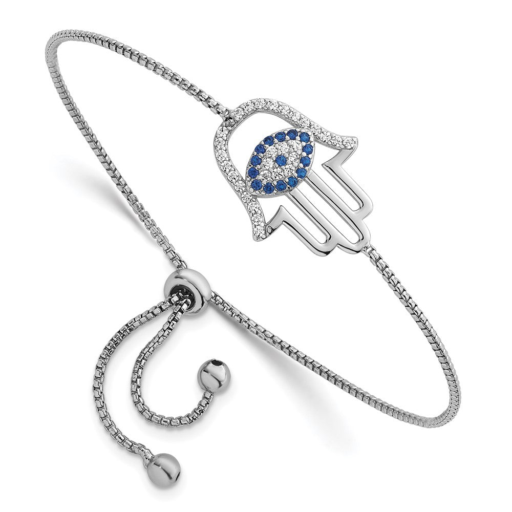 Sterling Silver -pltd Polished CZ & Cr. Blue Spinel Evil Eye Hamsa Adj Bolo Bracelet