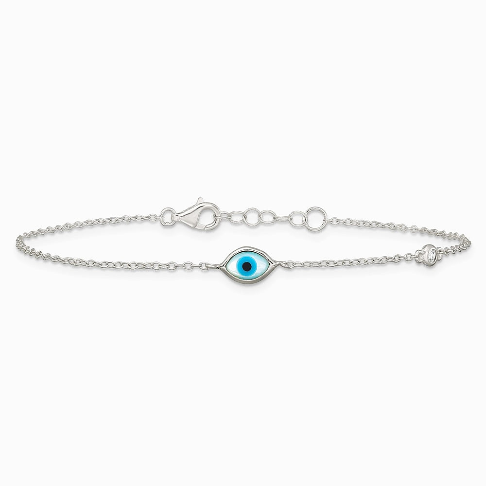Sterling Silver CZ and Mother Of Pearl Evil Eye 6.75in w/.5in Ext Bracelet - Product Photo