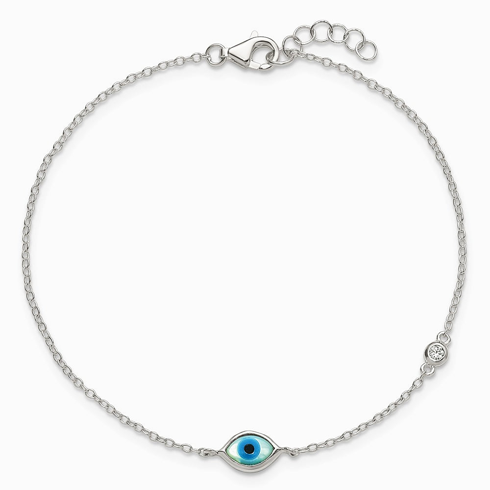 Sterling Silver CZ and Mother Of Pearl Evil Eye 6.75in w/.5in Ext Bracelet - Product Photo