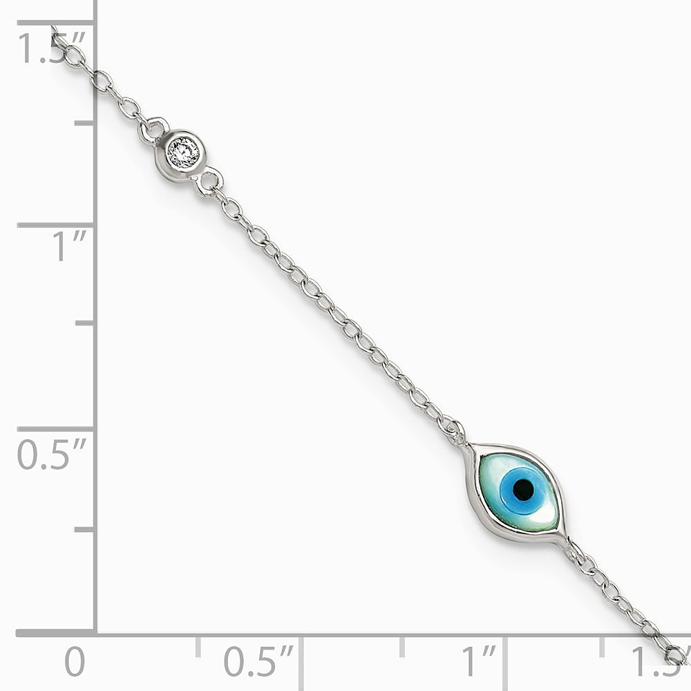 Sterling Silver CZ and Mother Of Pearl Evil Eye 6.75in w/.5in Ext Bracelet - Product Photo