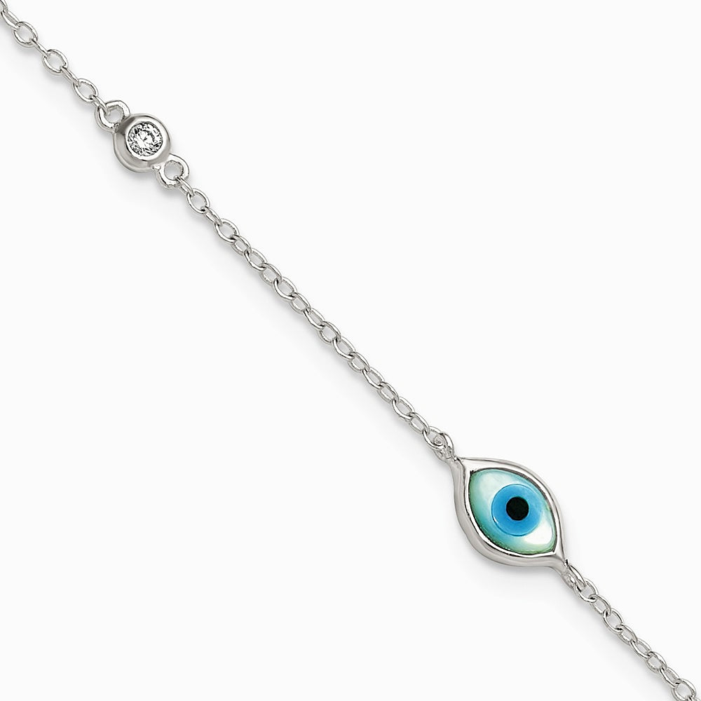 Sterling Silver CZ and Mother Of Pearl Evil Eye 6.75in w/.5in Ext Bracelet - Product Photo