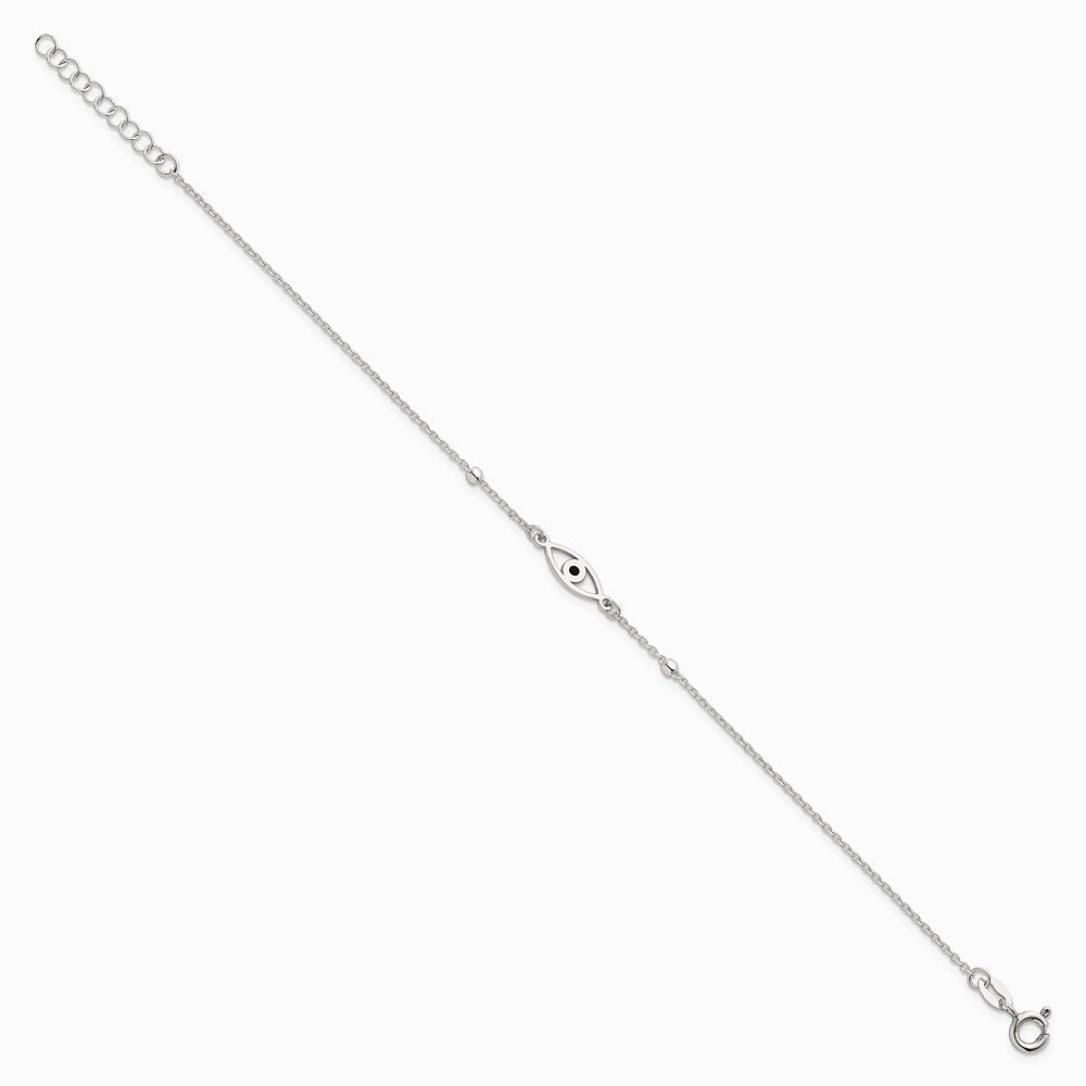 Sterling Silver Polished Black Enamel Evil Eye with 1in Ext Bracelet - Product Photo