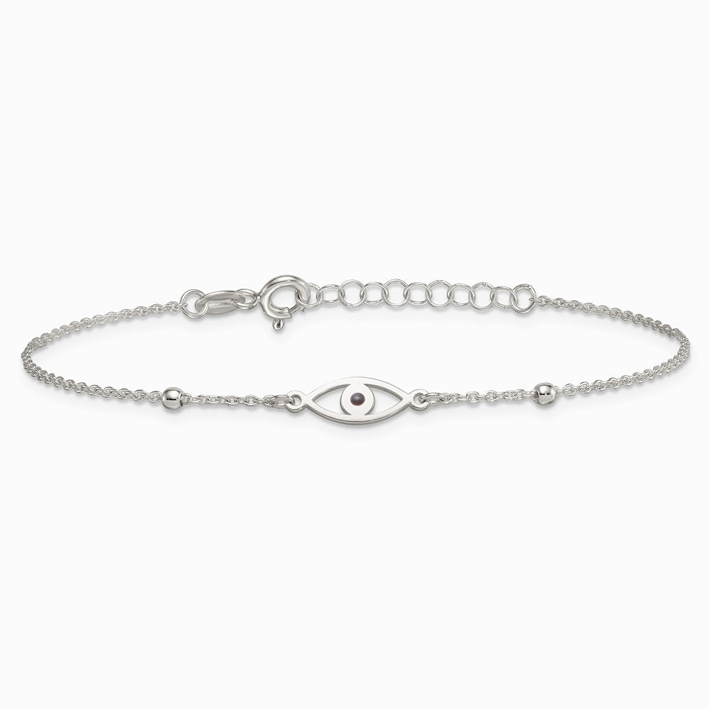 Sterling Silver Polished Black Enamel Evil Eye with 1in Ext Bracelet - Product Photo