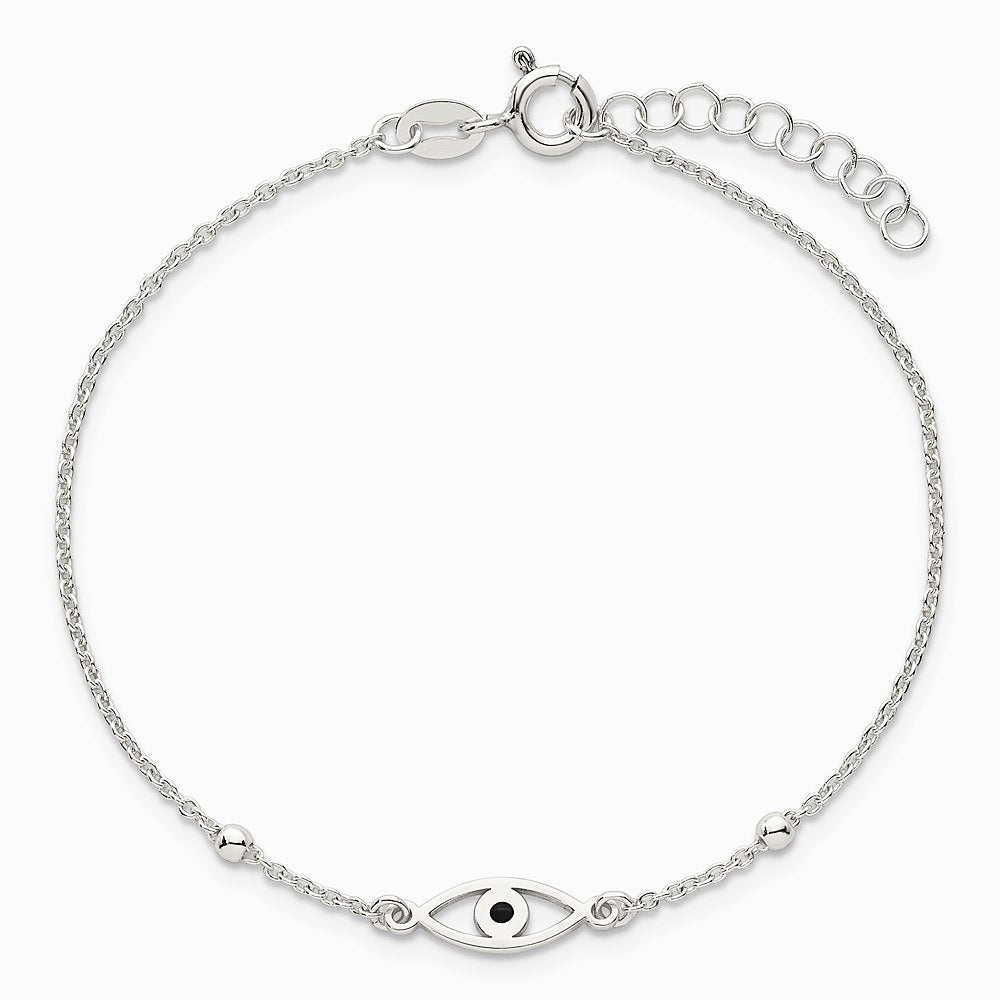 Sterling Silver Polished Black Enamel Evil Eye with 1in Ext Bracelet - Product Photo