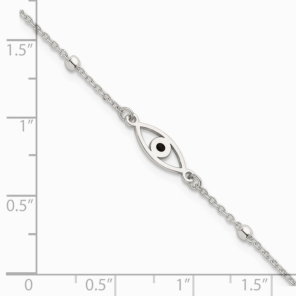 Sterling Silver Polished Black Enamel Evil Eye with 1in Ext Bracelet - Product Photo