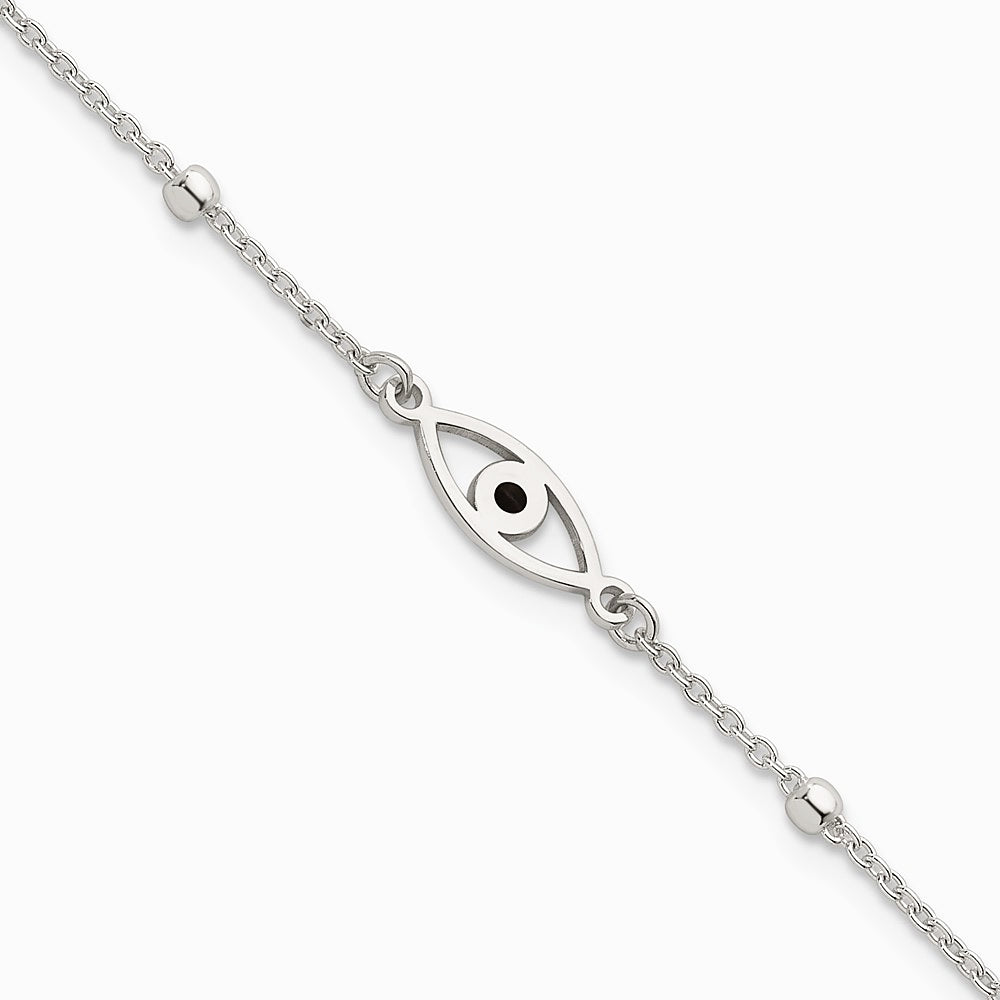 Sterling Silver Polished Black Enamel Evil Eye with 1in Ext Bracelet
