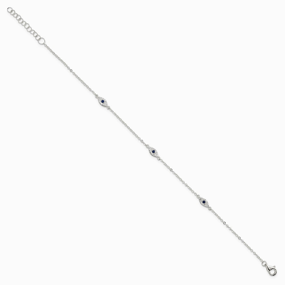 Sterling Silver Polished Blue and White CZ Evil Eye 7in w/ 1in Ext Bracelet - Product Photo