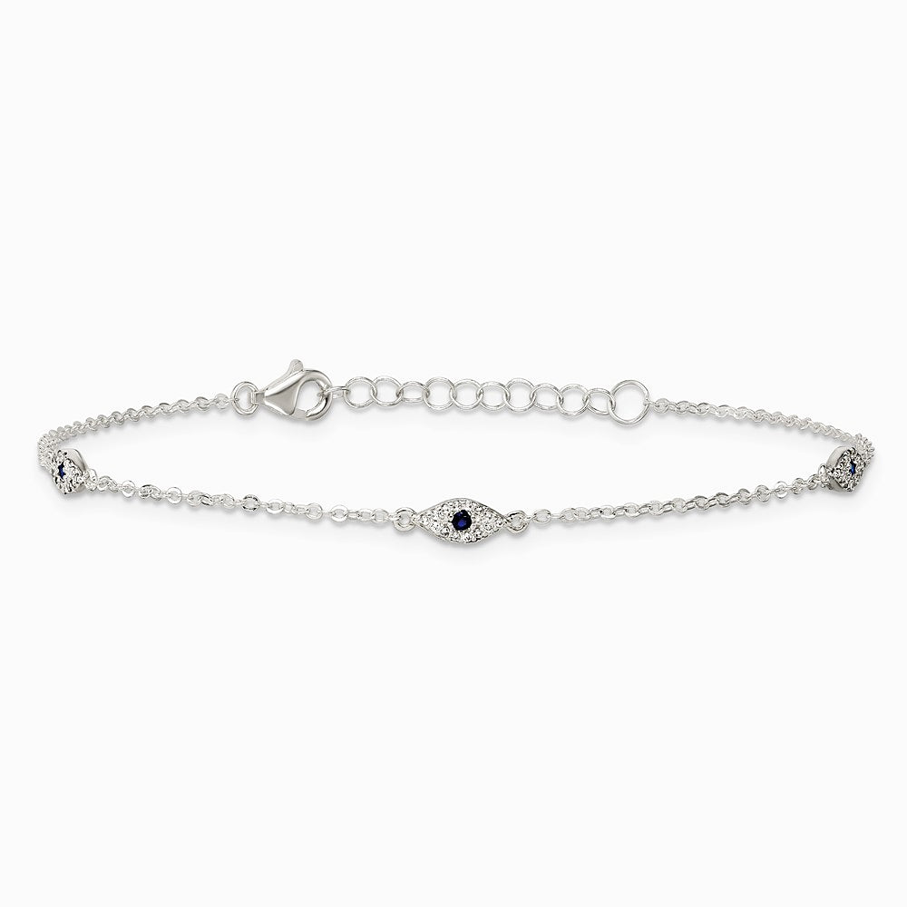 Sterling Silver Polished Blue and White CZ Evil Eye 7in w/ 1in Ext Bracelet - Product Photo