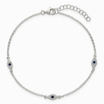Sterling Silver Polished Blue and White CZ Evil Eye 7in w/ 1in Ext Bracelet - Product Photo