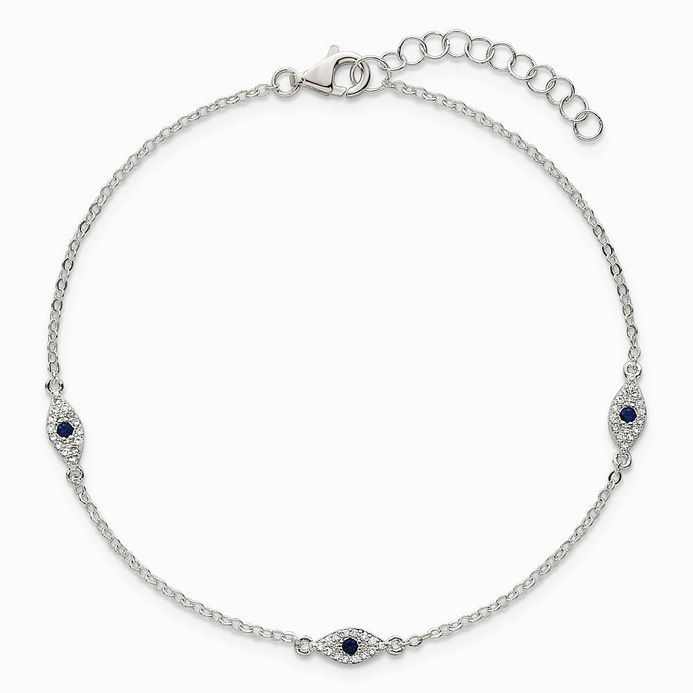 Sterling Silver Polished Blue and White CZ Evil Eye 7in w/ 1in Ext Bracelet - Product Photo
