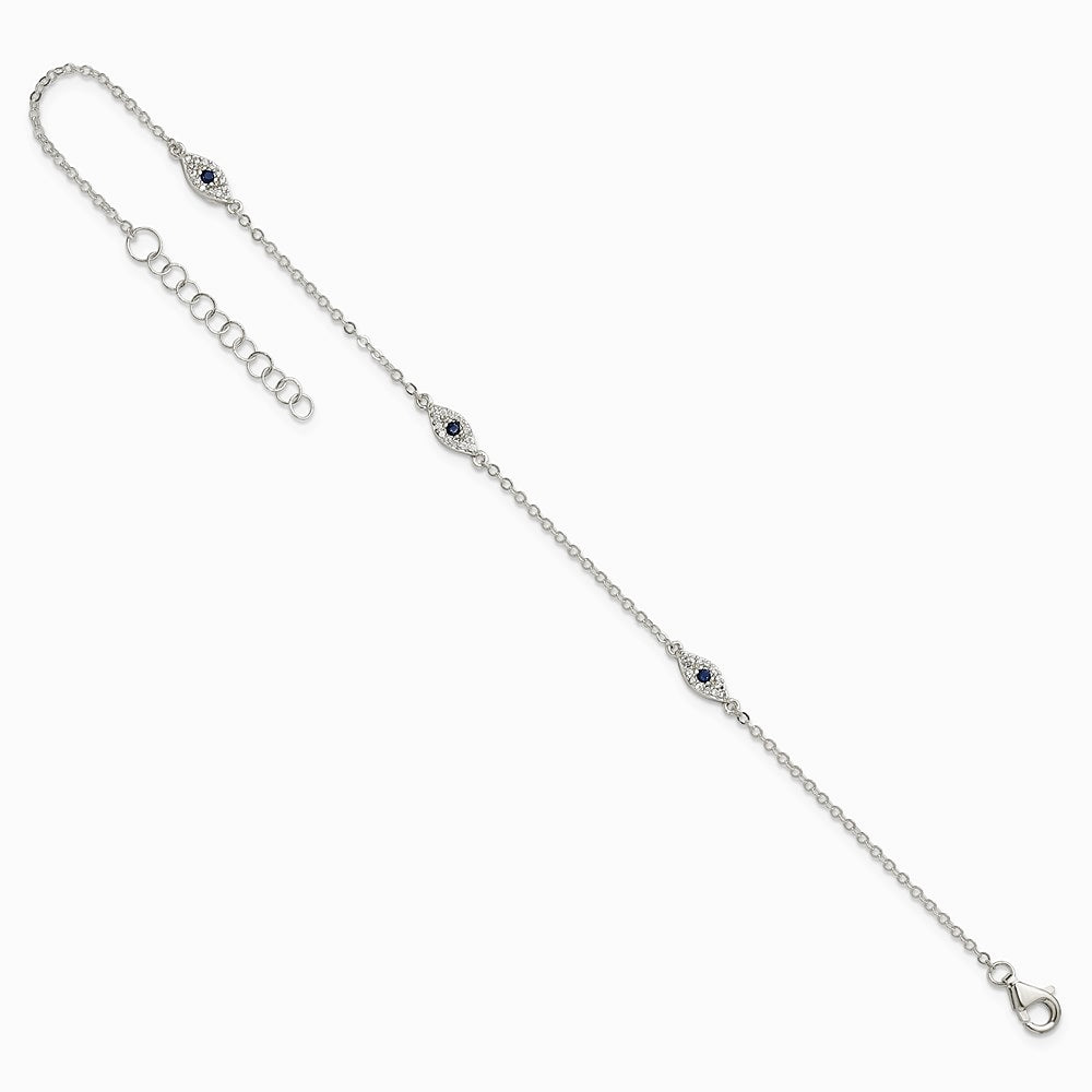Sterling Silver Polished Blue and White CZ Evil Eye 7in w/ 1in Ext Bracelet - Product Photo