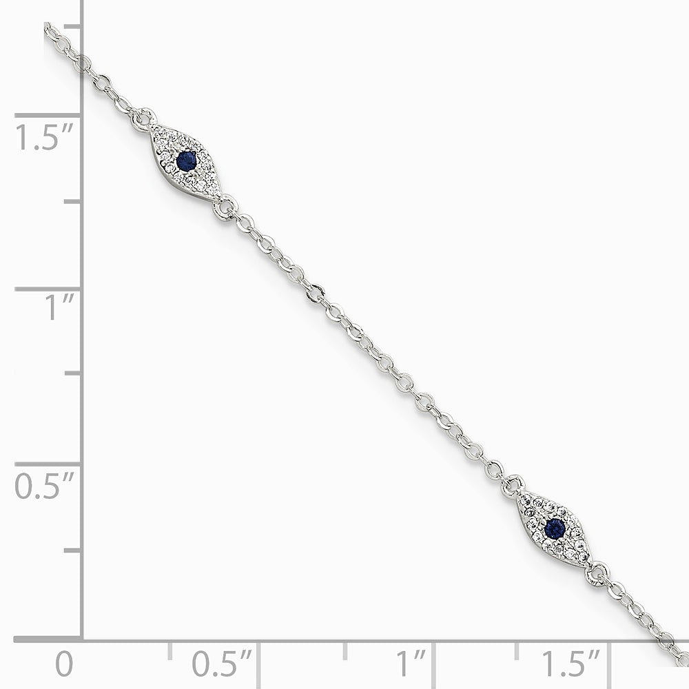 Sterling Silver Polished Blue and White CZ Evil Eye 7in w/ 1in Ext Bracelet - Product Photo