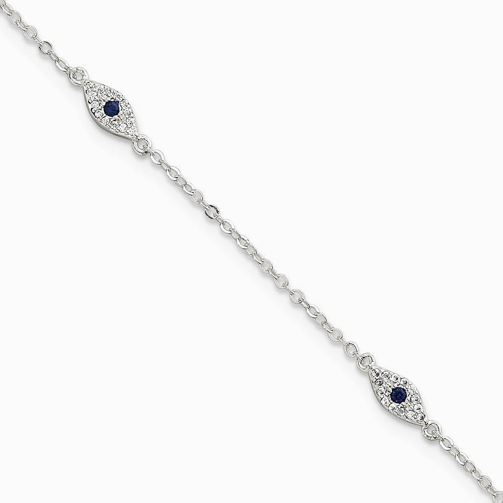 Sterling Silver Polished Blue and White CZ Evil Eye 7in w/ 1in Ext Bracelet
