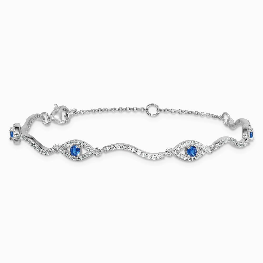 Sterling Silver RH-Pl. Pol. Lab Cr. Spinel CZ Evil Eye 6in w/ 2in Ext Bracelet - Product Photo