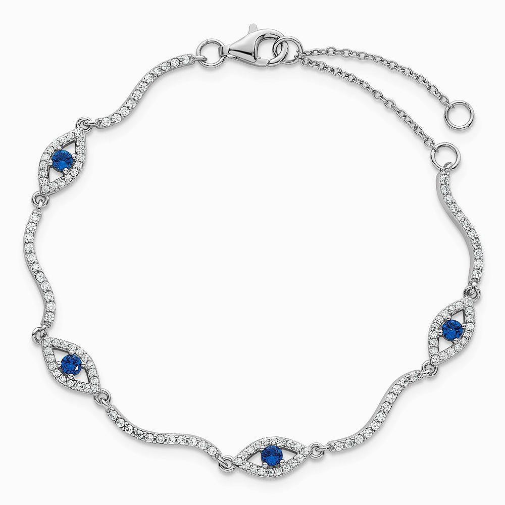 Sterling Silver RH-Pl. Pol. Lab Cr. Spinel CZ Evil Eye 6in w/ 2in Ext Bracelet - Product Photo