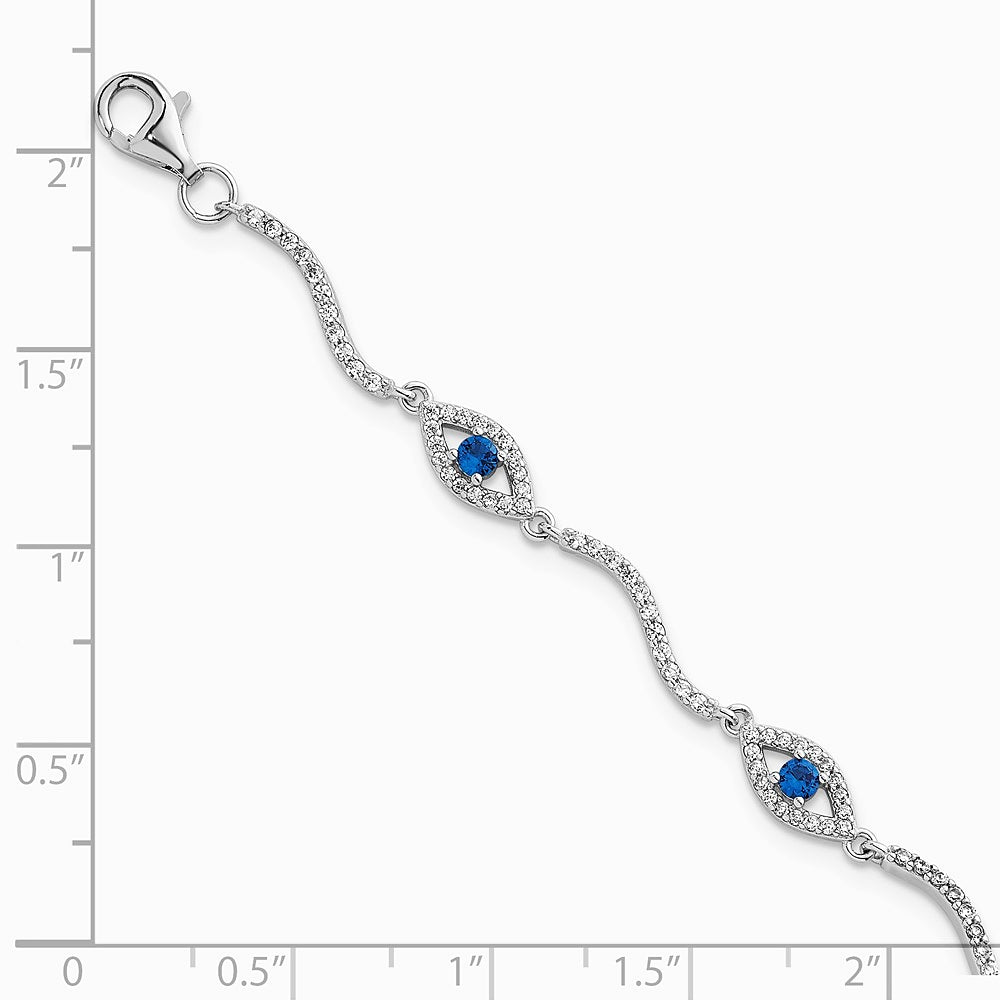 Sterling Silver RH-Pl. Pol. Lab Cr. Spinel CZ Evil Eye 6in w/ 2in Ext Bracelet - Product Photo